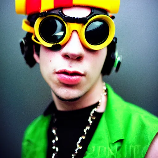 Image similar to kodak portra 4 0 0 photograph of a cybergoth guy wearing goggles and eclectic jewelry, telephoto, 9 0 s vibe, blurred background