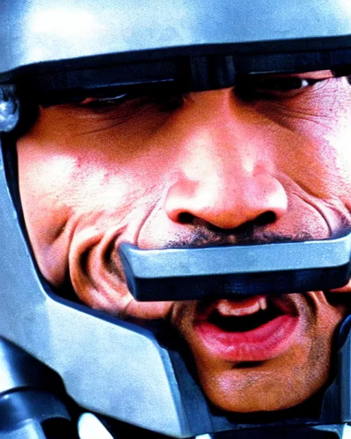 Prompt: film still close - up shot of dwayne johnson as robocop from the movie robocop. photographic, photography