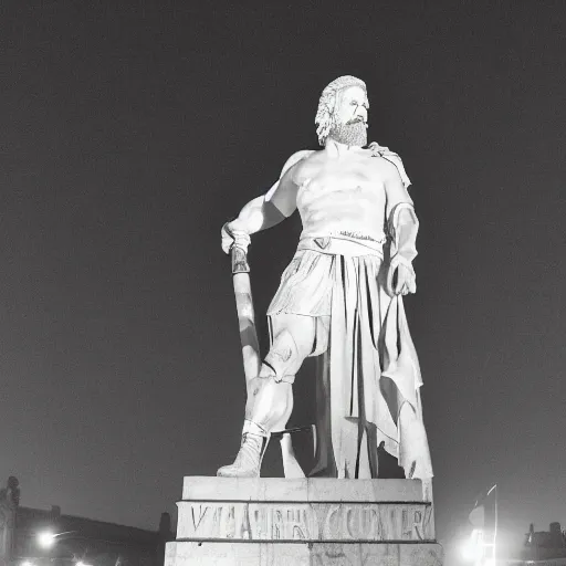 Prompt: a photorealistic marble statue of Mel Gibon’s William Wallace in a Scottish city a night, lit with dramatic lighting, using the golden circle ratio to frame the image correctly, 35mm wide shot, highly detailed