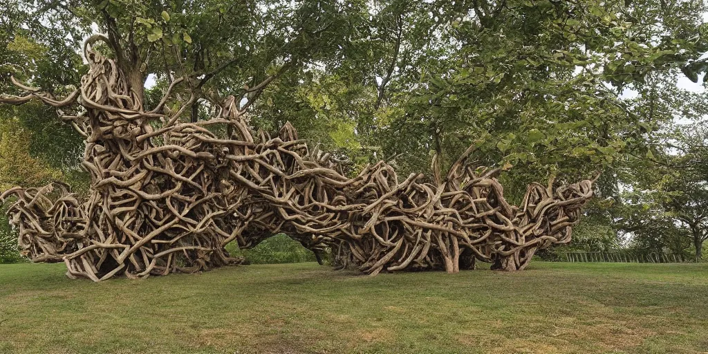 Image similar to Artwork by John Howe of Eight different trees twisted together to create a shelter underneath.