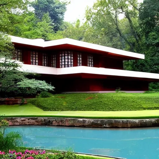 Image similar to large house in the style of Frank Lloyd Wright, like Fallingwater, painted as Seurat