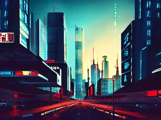 Prompt: a cinematic busy cyberpunk street in a mega city packed with flying vehicles, large mega corp buildings dominate the skyline at dusk by nick hiatt, cinematic, film still