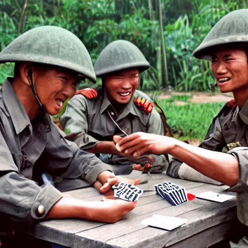 Prompt: three ARVN soldiers playing cards at a base talking and laughing, Vietnam War, Jungle in the background, realistic, detailed, 4k, HDR