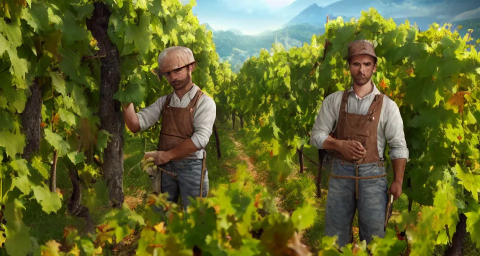 Image similar to A beautiful hyper realistic ultra detailed lifelike matte painting of traditional austrian vineyard worker, unreal engine, deviantart, flickr, artstation, octane render, textured, colorful, extreme realistic detail, physically based rendering, pbr render, very detailed, volumetric lighting, detailed lighting, octane render, 4k, cinematic lighting, 8k resolution