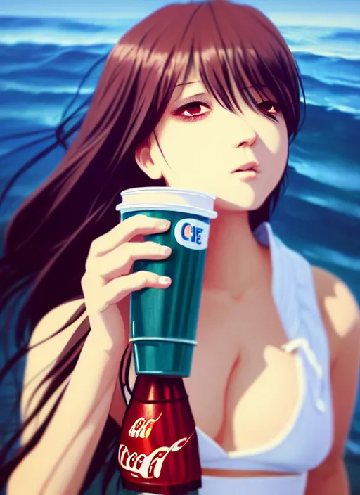 Image similar to full body picture of a girl drinking a coke, highly detailed face, very thirsty, dripping on the body, sharp focus, shiny day beach, extremely beautiful and cute and aesthetic face and body, specular reflection, occlusion shadow, trending on artstation, epic light novel cover art, art by ilya kuvshinov and sakimichan and jeremy lipking