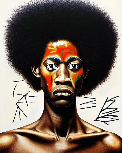 Image similar to A extremely ultra highly detailed majestic hi-res beautiful immaculate head and shoulders award winning painting stunning masterpiece of the face of a strong black african warrior man with an afro by Jean-Michel Basquiat, 8k, high textures, ultra hyper sharp, insanely detailed and intricate, super detailed, 8k HDR ultra high quality