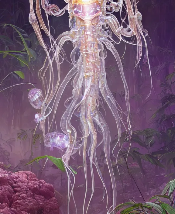 Image similar to opulent transparent clear see - through portrait of a terrifying beautiful male alien jellyfish robot, mottled coloring, adorable, childlike, overgrown biopunk jungle environment, ultra realistic, concept art, art nouveau, photorealistic, octane render, 8 k, unreal engine. art by christopher marley and artgerm and greg rutkowski and alphonse mucha