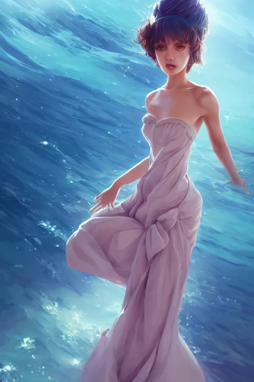 Image similar to a beautiful fashion goddness of love, chic strapless dress, tropical sea background, character design, in the style of artgerm, and wlop, cinematic lighting, hyperdetailed, 8 k realistic, symmetrical, global illumination, radiant light, frostbite 3 engine, cryengine, dof, trending on artstation, digital art