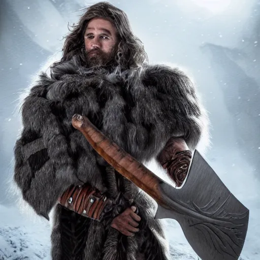 Image similar to a dnd barbarian half frost giant wearing a fur coat, shoulder armor and holding an axe, high resolution film still, 4k, HDR color