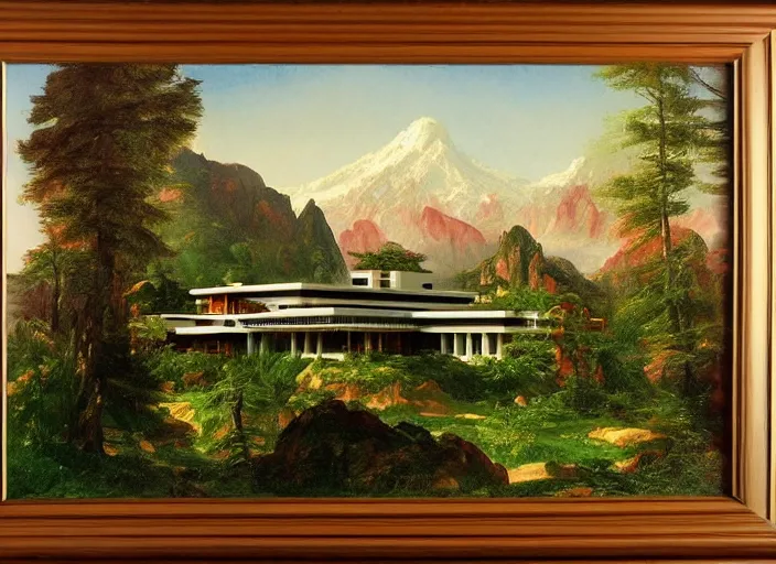 Image similar to painting of a frank lloyd wright house in front of beautiful mountains by thomas cole