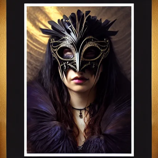 Prompt: portrait of a young woman in a raven masquerade mask, dark, piercing eyes, exotic expression, esoteric clothing, photorealistic, highly detailed, mysterious lighting, artstation, smooth, sharp focus, art by michael whelan, artgerm, greg rutkowski and alphonse mucha