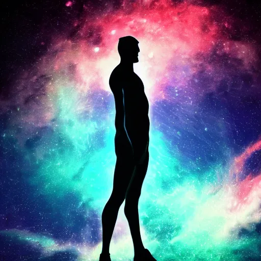 Image similar to wide shot of athletic man, inspiring pose, floating, silhouette, long shot, in a cosmic nebula background, matte colors, very very very dramatic, inspiring digital art trending on artstation