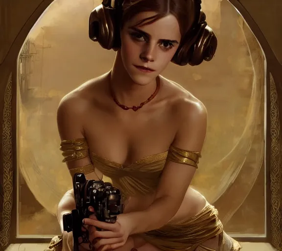 Image similar to photography of a sensual emma watson dressed like princess leia in a gold slave girl costume, deep focus, intricate, elegant, highly detailed, digital painting, artstation, concept art, matte, sharp focus, illustration, art by artgerm and greg rutkowski and alphonse mucha and gil elvgren