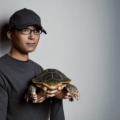 Prompt: Turtle as a human, 4K, product shoot, indoor lighting, good composition