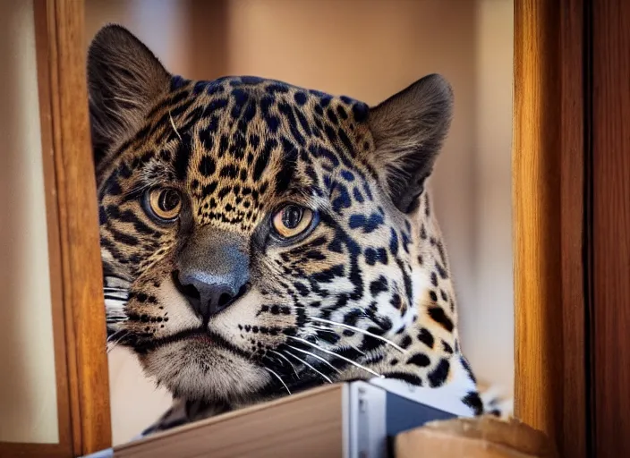 Image similar to photography of a Jaguar Cat . watching outside the window. on a bed. in a 70's room full of vinyls and posters, photorealistic, award winning photo, 100mm, sharp, high res