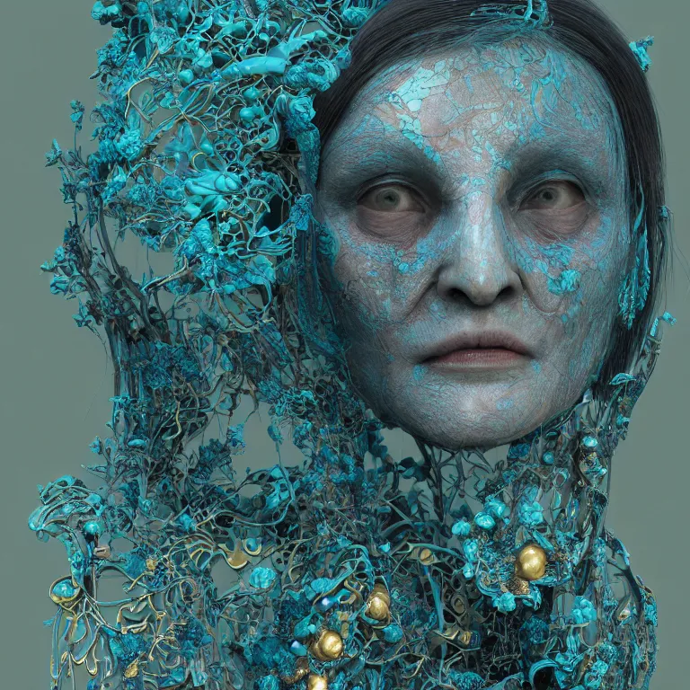 Prompt: cinema 4d colorful render, organic, ultra detailed, of a beautiful dark porcelain old woman face by ruan jia, translucid. biomechanical cyborg, analog, macro lens, beautiful natural soft rim light, big leaves and stems, roots, fine foliage lace, turquoise gold details, high fashion haute couture, art nouveau fashion embroidered, intricate details, mesh wire, mandelbrot fractal, anatomical, facial muscles, cable wires, elegant, hyper realistic, in front of dark flower pattern wallpaper, ultra detailed, 8k post-production