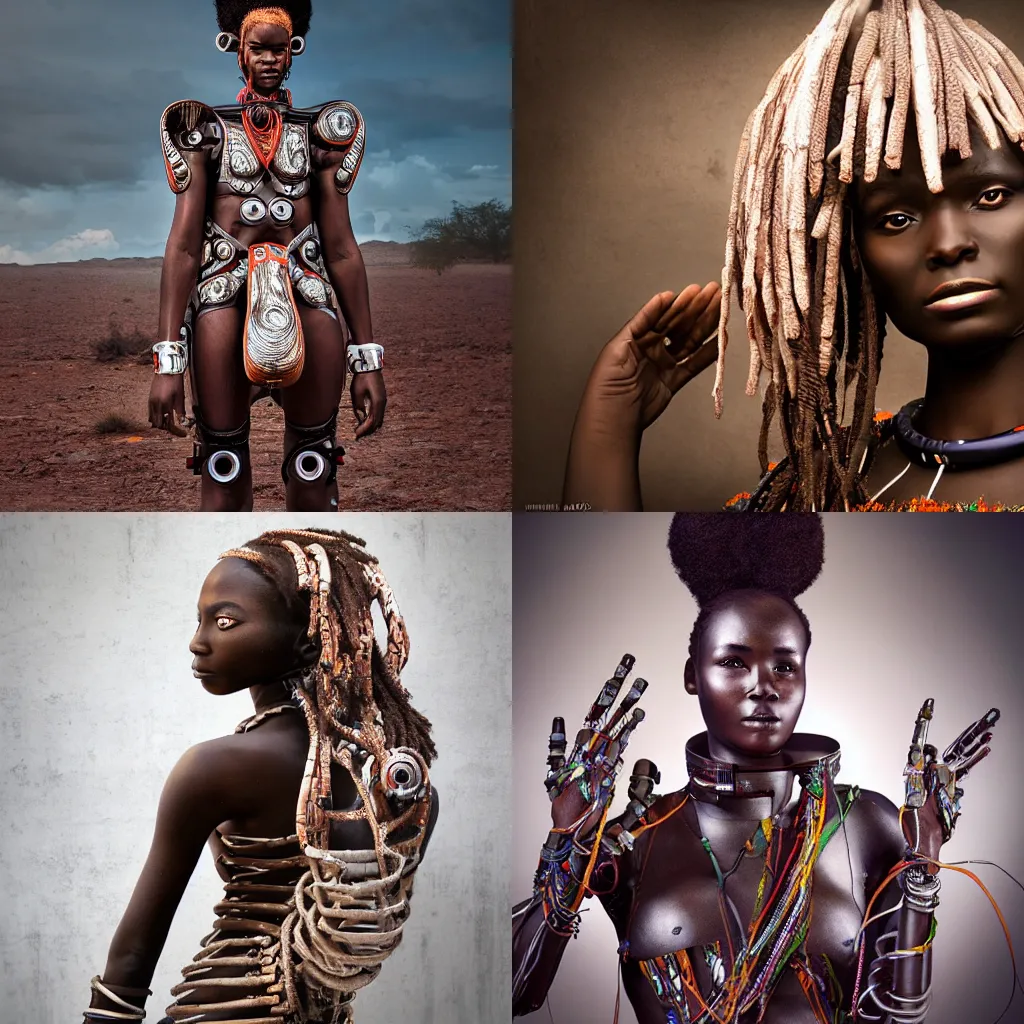 Image similar to beautiful afrofuturistic himba women, otjize, led detailed spacesuit, himba hairstyle, robotic arms, hyperrealistic, scifi, retouched photograph, dark, muted colors