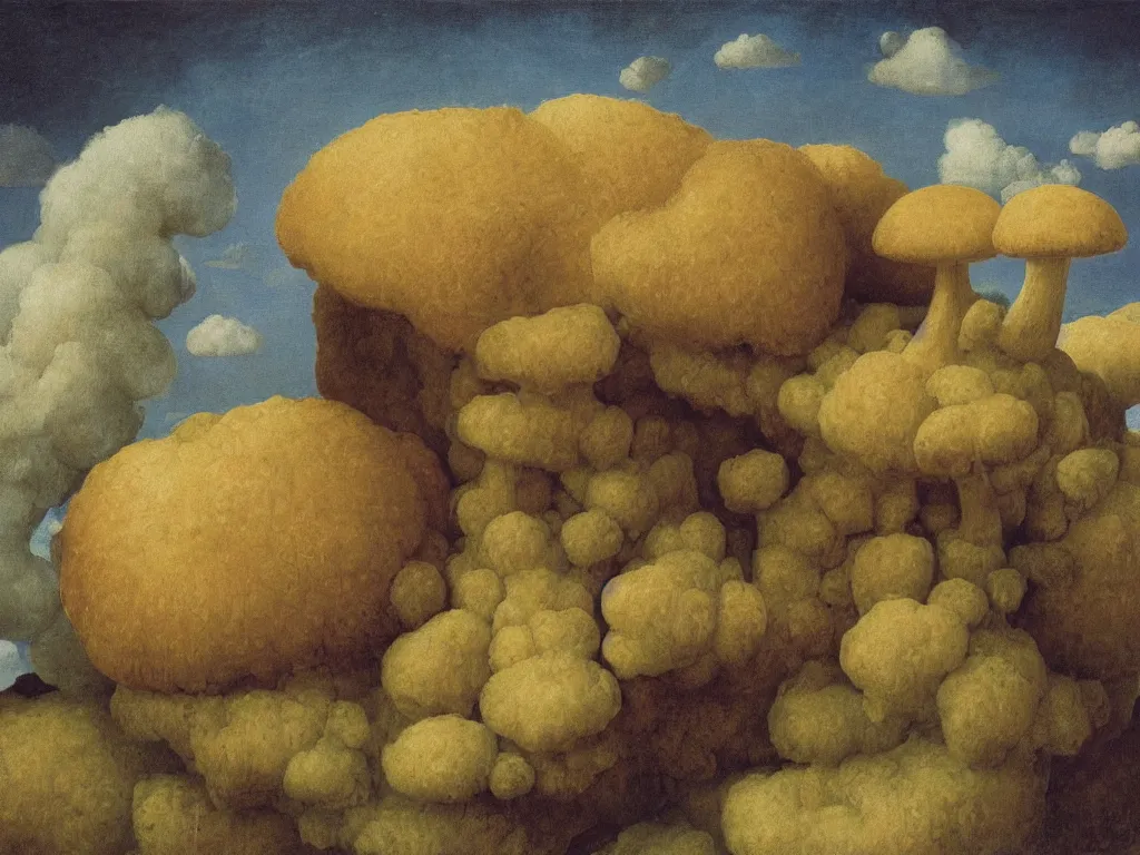 Image similar to fluffy, giant diaphanous fungi mold raising out of an old bread. painting by zurbaran, max ernst, agnes pelton, rene magritte, walton ford