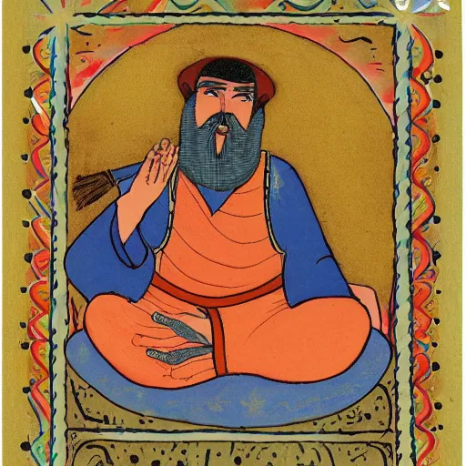 Prompt: scruffy cowboy sitting in lotus position, persian folkore artstyle, calligraphy border