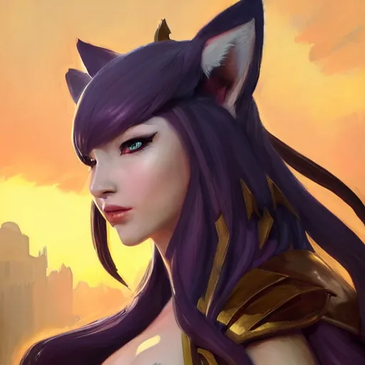 Image similar to greg manchess portrait painting of partially armored ahri from league of legends as overwatch character, medium shot, asymmetrical, profile picture, organic painting, sunny day, matte painting, bold shapes, hard edges, street art, trending on artstation, by huang guangjian, gil elvgren, ruan jia, randy vargas, greg rutkowski, gaston bussiere