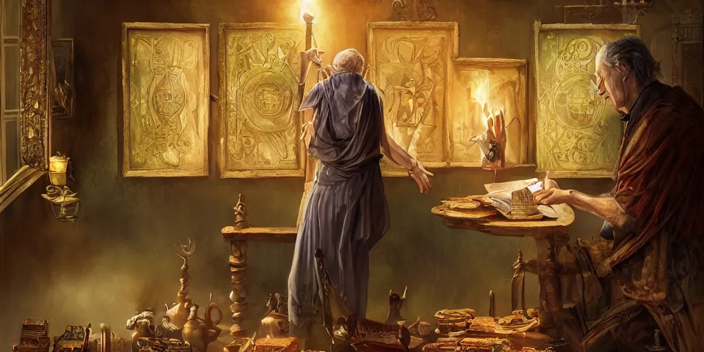 Image similar to back shot of wizened aristocrat examining the mysteries of tarot cards on a magical blackboard, fantasy art, matte painting, high quality, digital painting, artwork by tony sart