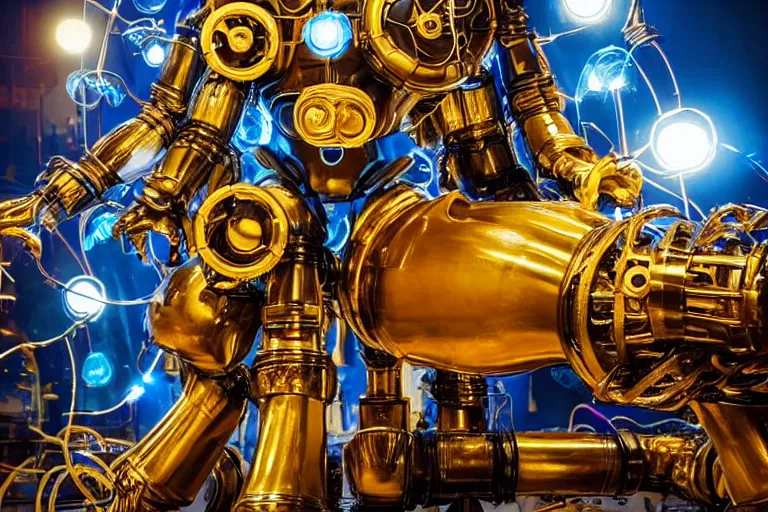 Prompt: portrait photo of a giant huge golden and blue metal steampunk robot, robot is a bubble machine, soapbubbles coming out of the machine, with gears and tubes, eyes are glowing red lightbulbs, shiny crisp finish, 3 d render, 8 k, insaneley detailed, fluorescent colors, background is multicolored lasershow