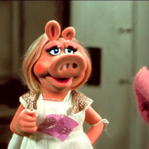 Image similar to movie still of miss piggy starring as trinity in the matrix movie