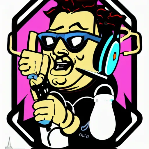 Image similar to svg vector sticker of absolutely insane-mad-scientist-villain, rocking out, wearing headphones, huge speakers, dancing, rave, DJ, spinning records, digital art, amazing composition, rule-of-thirds, award-winning, trending on artstation, featured on deviantart