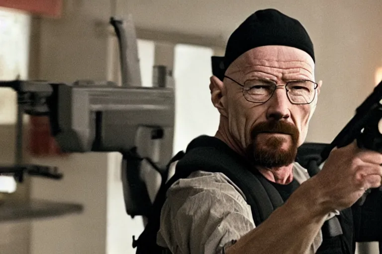 Prompt: medium full shot of walter white as a violent domestic terrorist wearing a black head covering made from a polyester material and a stained red tank top setting up a backpack at a main new york street in the new movie directed by ice cube, movie still frame, wearing a black bullet proof vest, promotional image, critically condemned, relentlessly detailed