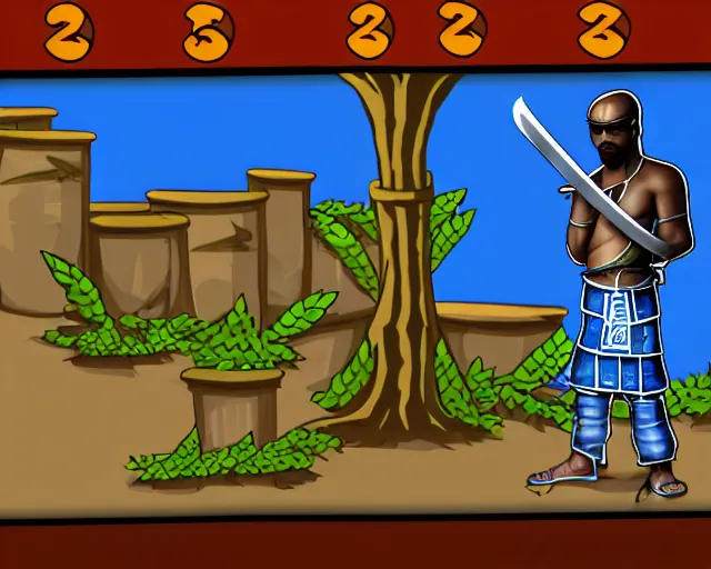 Prompt: screenshot of a crips gang member in the two dimensional browser game swords and sandals ( 2 0 0 5 ), ( ( cartoon ) ), whiskeybarrel studios, higly detailed, high quality