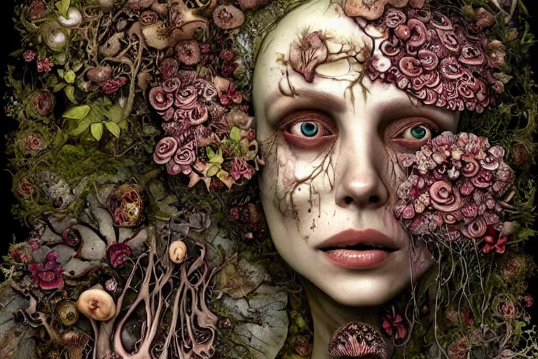 Image similar to beautiful and detailed rotten woman corpse with fractal plants and fractal flowers and mushrooms growing around, face muscles, veins, arteries, intricate, ornate, surreal, ray caesar, john constable, guy denning, dan hillier