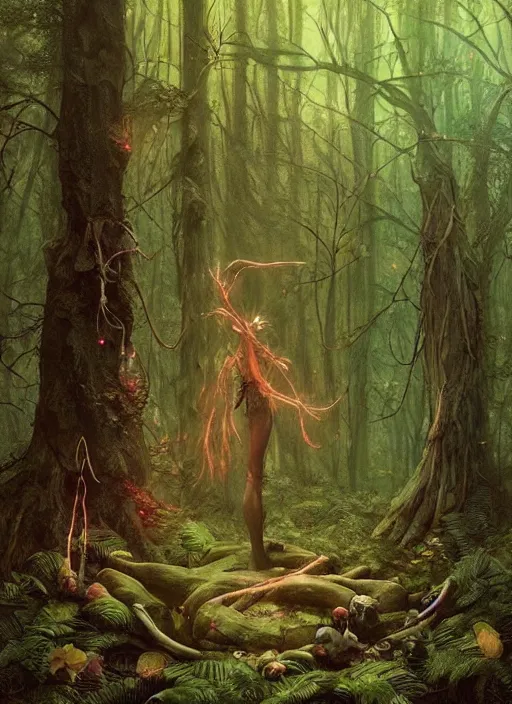 Image similar to a hyper realistic witch shrine in the woods gorgeous lighting, lush forest foliage painting by chiara bautista and beksinski and norman rockwell and greg rutkowski weta studio, and lucasfilm
