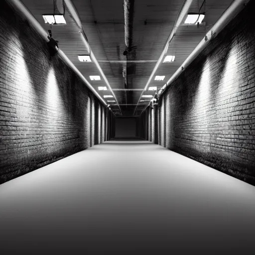 Image similar to an empty backroom at night, dark and scary atmosphere, white hue, photorealistic