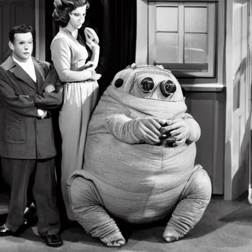 Image similar to 5 0 s tardigrade sitcom about giant tardigrades living in a house and wearing clothes. no one but tardigrades are on the show.