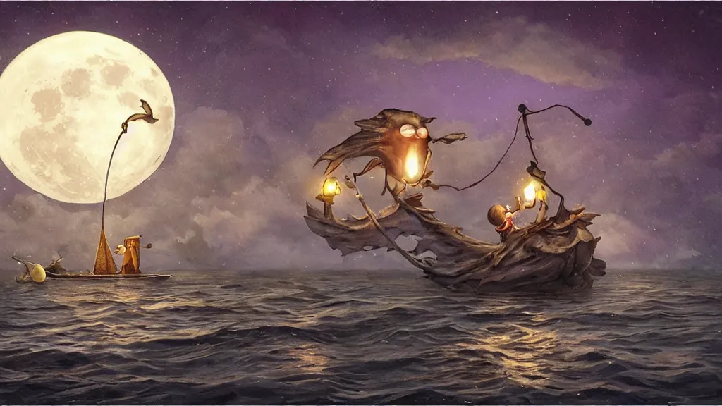 Prompt: a giant!!!! anglerfish!!!! at the surface of the water meets a lantern - holding!!!! sailor!!!! on a ( sloop ), ( background with large full moon and purple sky ), in the styles of tom coletti, jorge jacinto, and thomas veyrat intricate, accurate details