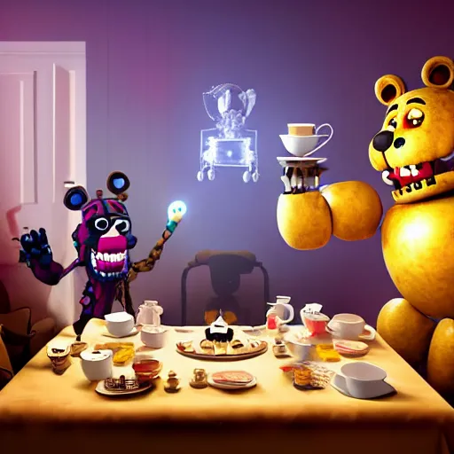 Image similar to a five nights at freddy's animatronic having an intense tea party with queen elizabeth ii, octane render / source, oil painting, trending on artstation, rossdraws