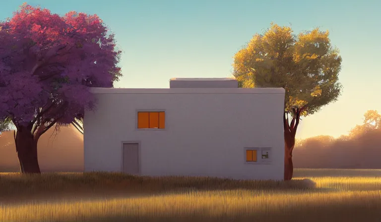 Prompt: A serene landscape with a singular building in the style of Pixar