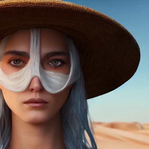 Prompt: a blind girl with white hair wearing a straw hat in the desert, digital art, 8 k resolution, unreal engine, highly detailed, pretty face, very beautiful face, feminine face, very detailed eyes, photorealistic by wlop, greg rutkowski