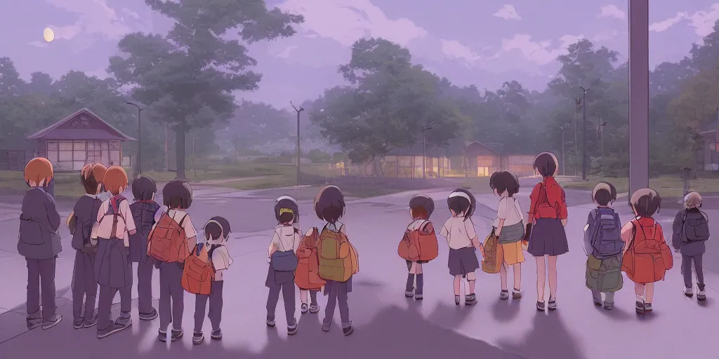 Prompt: waiting for the school bus outside the school evening, hayao miyazaki, artstation