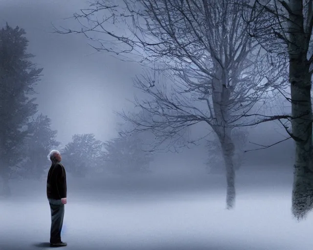 Image similar to an old man sees a great grey owl in a maple tree in front of him, concept art, realistic modern supernatural horror thriller aesthetic, hd 4 k 8 k digital photography render, inspired by steve prescott and michael whelan and dave mckean. layout in the style of christopher mckenna and gregory crewdson