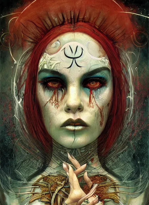 Image similar to tripping magic cult psychic woman, painted face, third eye, energetic consciousness psychedelic, epic surrealism expressionism symbolism, symmetrical face, by joao ruas, karol bak, masterpiece