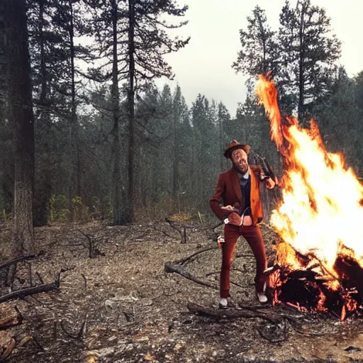 Image similar to a photo of jovanotti burn a forest with flamethrower