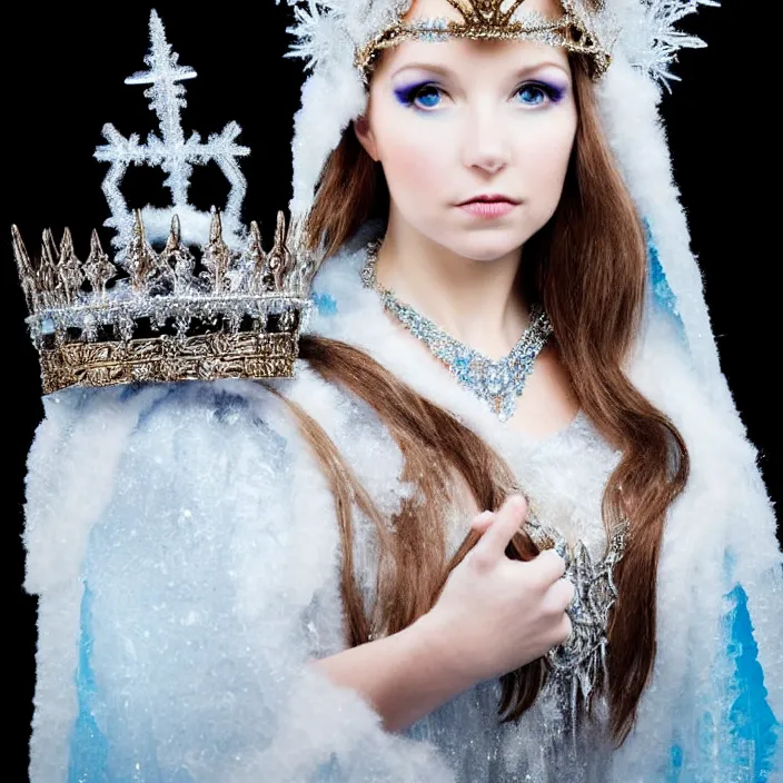 Prompt: portrait photograph of a real-life extremely beautiful!! ice queen with ornate cloak and crown, looking at the camera!!. Extremely detailed.