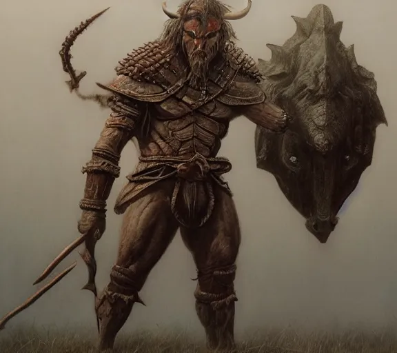 Image similar to minotaur warrior concept, full body concept, bull headed, beksinski, wayne barlowe, adrian smith fantasy art, the hobbit art, lord of the ring art, the witcher concept art, trending on artstation, game of throne art