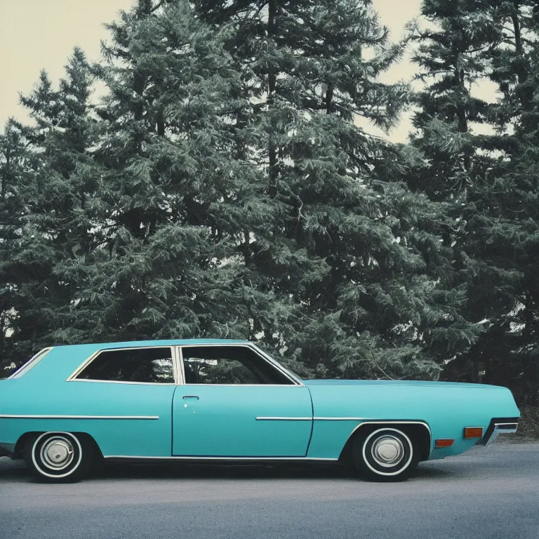 Prompt: 1 9 7 0 s car parked by the pine tree, film photo, soft lighting album cover, nostalgia, turquoise gradient