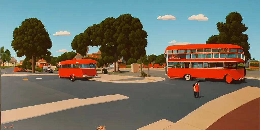 Image similar to a gigantic crab attacks a bus, blue sky, summer evening, kenton nelson