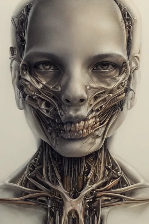 Image similar to beautiful portrait of biomechanical being by marco mazzoni, detailed, realistic skin color