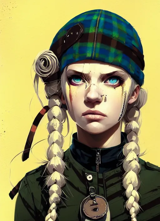 Image similar to highly detailed closeup portrait of a sewer punk pretty swedish female road warrior student, tartan garment, blonde hair pigtails with headband by atey ghailan, by greg rutkowski, by greg tocchini, by james gilleard, by joe fenton, by kaethe butcher, gradient yellow, black, brown and white color scheme, grunge aesthetic!!! white graffiti tag wall background