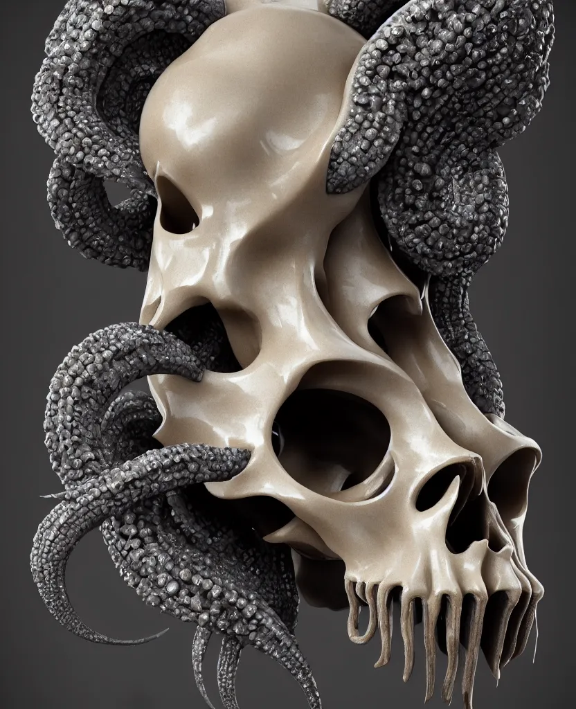 Image similar to goddess princess face close-up portrait ram skull. sculpture made of black obsidian. jellyfish phoenix head, nautilus, orchid, skull, betta fish, bioluminiscent creatures, intricate artwork by Tooth Wu and wlop and beeple. octane render, trending on artstation, greg rutkowski very coherent symmetrical artwork. cinematic, hyper realism, high detail, octane render, 8k