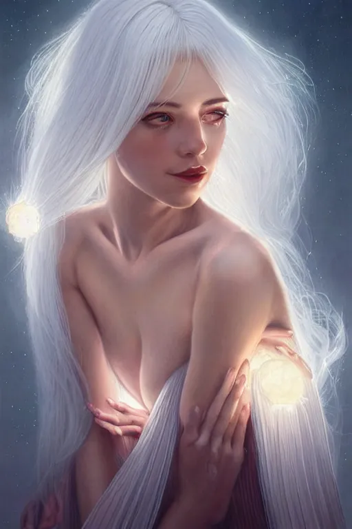 Prompt: portrait female holding crystal white hair glowing, blush, pleated skirt, flowing hair, slim face, elegant, terry moore, barclay shaw, karol bak, greg rutkowski